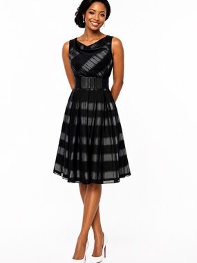 Antonio‎ Melani Black Sheer Plaid Fit & Flare Belted Derby Dress Sz 0 Timeless
